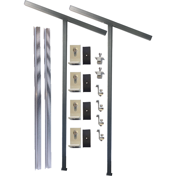 The solar panel parts such as the metal legs, panel connectors, Lfoots and clamps for the panel install